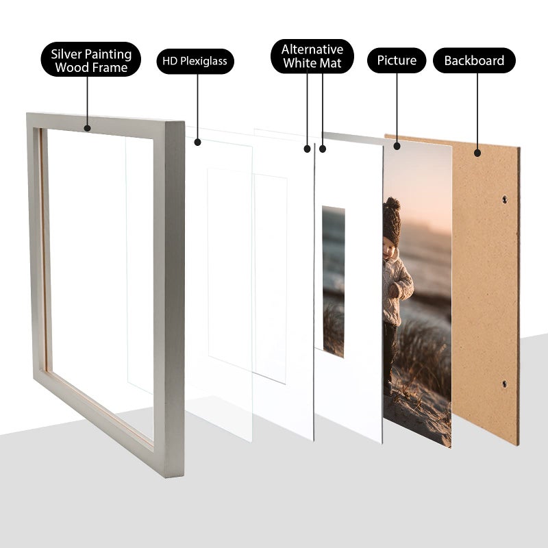 KINLINK 11x14 Picture Frame Light Grey, Solid Wood Frames with Acrylic Plexiglass for Pictures 5x7/8x10 with Mat or 11x14 without Mat,Tabletop and Wall Display Set of 4 - Image 3